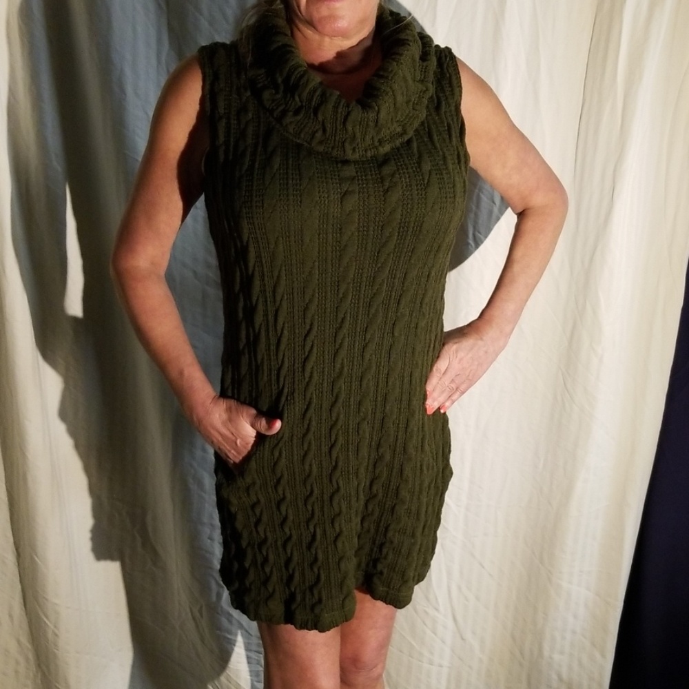Sleeveless Olive color sweater dress.